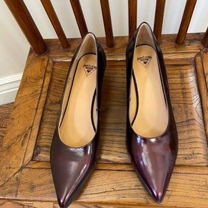 John Fluevog maroon shinny pumps, black heel, low heel, never wor